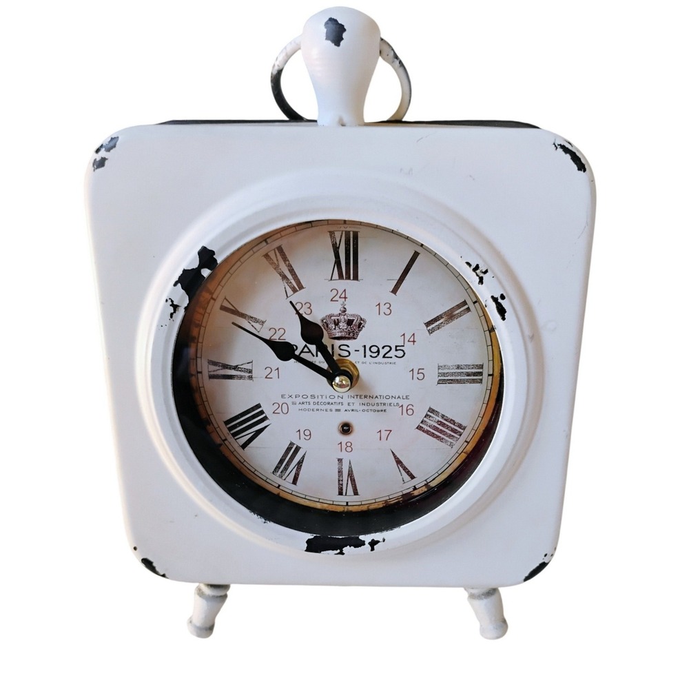 Paris 1925 Vintage Style‎ Distressed White Metal Mantel Clock Quartz Works